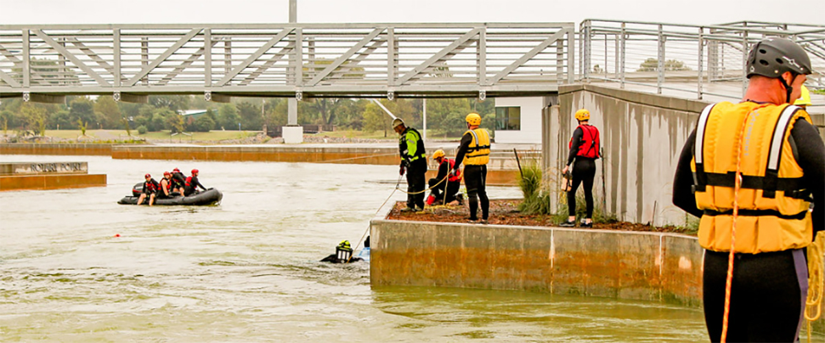 Firemen training on water rescue.