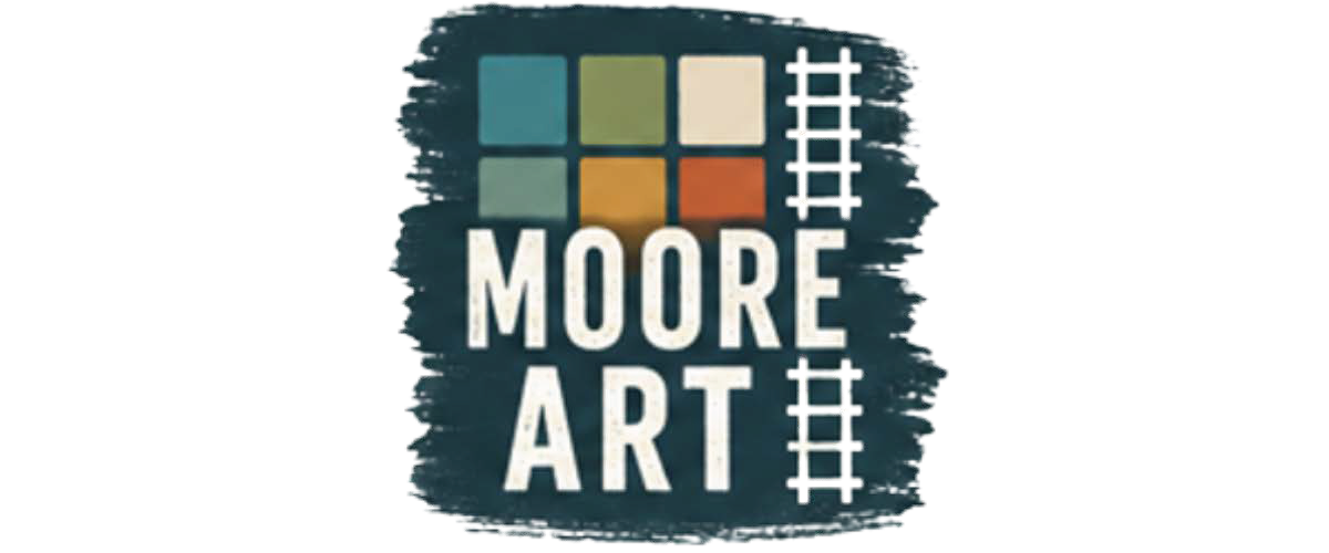 Moore Art logo with train tracks and an  outline of Old Town Moore
