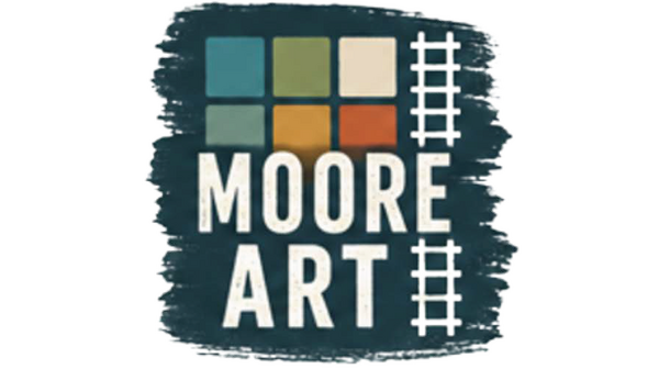 Moore Art logo with train tracks and an  outline of Old Town Moore